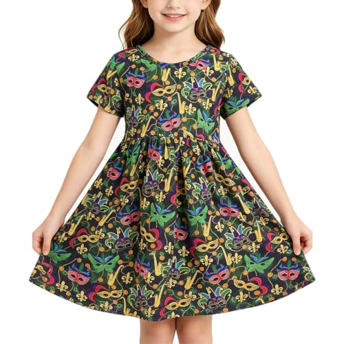 Baby Girl Kids Mardi Gras Carnival Dress with Mardi Gras Face Masks Print (6t) Black