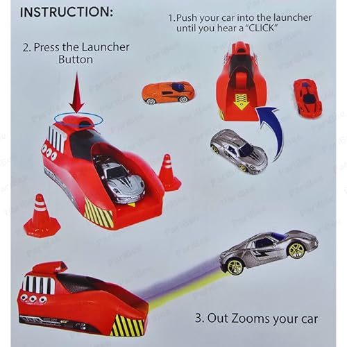 Image of Rapid Car Launcher with 7 Car Set - Red /Blue - High-Speed Car Launcher with 7 Die Cast Metal Stunt Cars, 2 Stoppers & Stop Sign | Racing Game for Kids | Master Racer Sports DieCast Car Toys