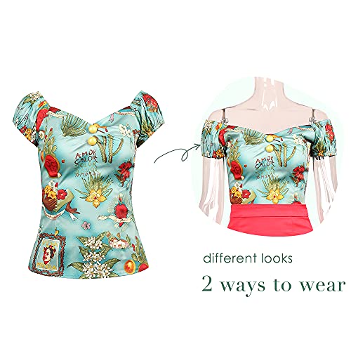 Image of YARN & INK Women's Rockabilly Tops 1950s Pinup Shirt Casual Off Shoulder Vintage Blouse