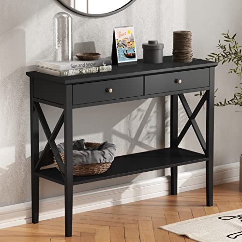 ChooChoo Oxford Console Table with 2 Drawers, Sofa Table Narrow for Entryway, Black ChooChoo Oxford Console Table with 2 Drawers, Sofa Table Narrow for Entryway, Black