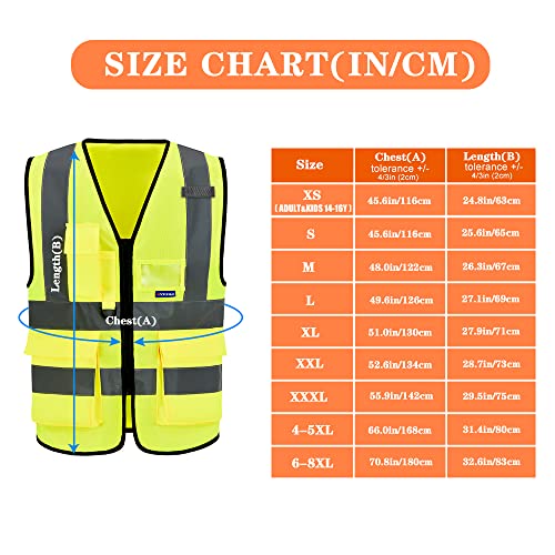 Image of ANSI /ISEA Standard Class 2 Hi-Vis Vest, Mic Tabs, Zip, Yellow, XL | Yellow XL Class 2 safety vest with 7 pockets, black front zipper and reflective strips for surveying; for men and women.