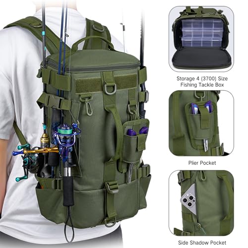 Mochila de pesca multifuncional con portacañas impermeable verde miniatura 5
