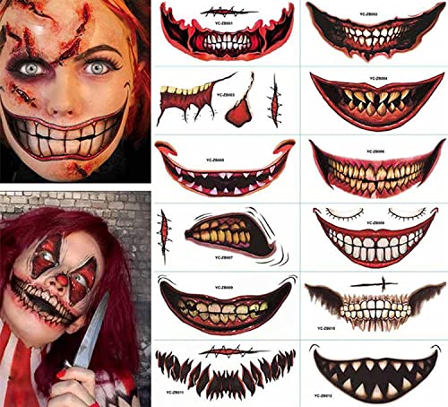 Halloween Prank Makeup Temporary Tattoo, Halloween Clown Horror Mouth Tattoo Stickers, Halloween Face Tattoos for Kids Adults, Prank Props for Halloween Cosplay Party Decorations (12pcs) Cover