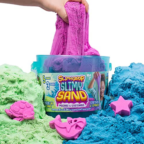 SLIMYSAND Bucket - 5 Pounds of Slimy Sand in 3 Colors (Blue Green Purple) - Cotton Candy Sand Play Set with 3 Molds and Reusable Bucket for Storage - Super Stretchy & Moldable Cloud Slime