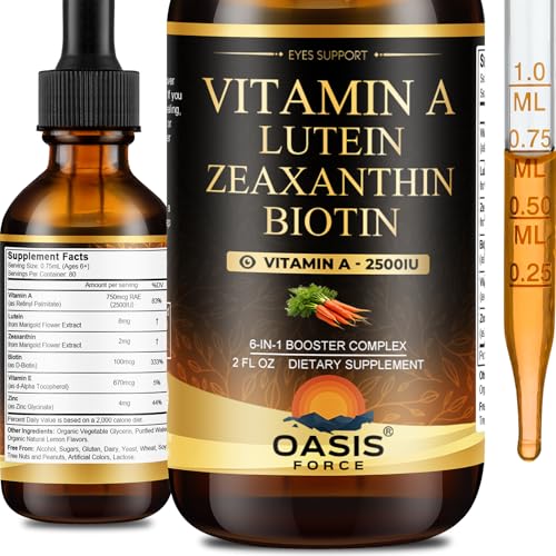 OASIS FORCE 6 in 1 Vitamin A Liquid Drops with Lutein & Zeaxanthin Vita A Retinyl Palmitate for Skin Vision & Immune Support Adults & Kids Ages 6+ Vegan Non-GMO 2 Fl Oz