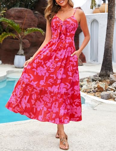 Image of Kranda Women 2026 Summer Sundress High Waist Tie Front Spaghetti Strap Long Beach Floral Tiered Maxi Dress with Pockets