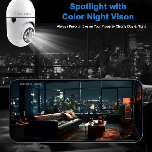 Image of securinnov 4MP WiFi Light Bulb Camera for Home Office Outdoor | 360 Rotation | Color Night Vision |1080p | Motion Detection | Two Way Audio | Wireless Home Security | Mobile App V380 Pro