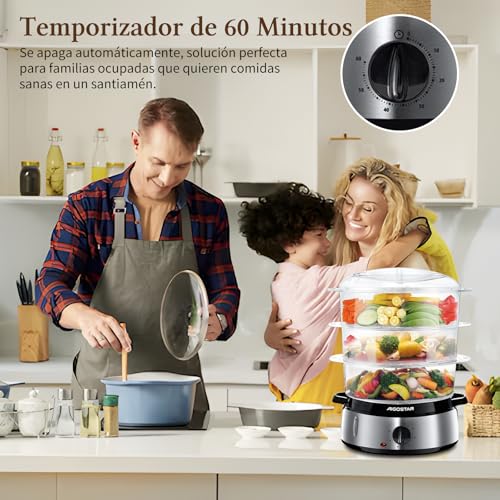 Aigostar Fitfoodie Steel - Vaporera eléctrica 9 L Vaporiera Inox, 3 recipientes Independientes, Temporizador 60 Minutos, Cuenco para Preparar arroz, Livello Di Acqua Visibile, Libre de BPA, 800W - imagen 5