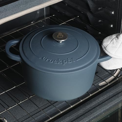 Image of Crock-Pot Artisan 7-Quart Round European Enameled Cast Iron Dutch Oven - Matte Navy Blue, Durable Oven Safe Cookware