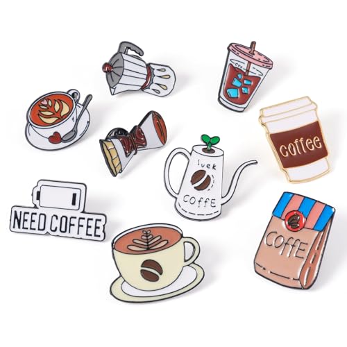 Image of 9Pcs Coffee Theme Enamel Pins Coffee Mug Pot Drink Cup Brooch Badges Cute Drink Lapel Badges for Backpacks Bags Hats Clothing Decorative Supplies