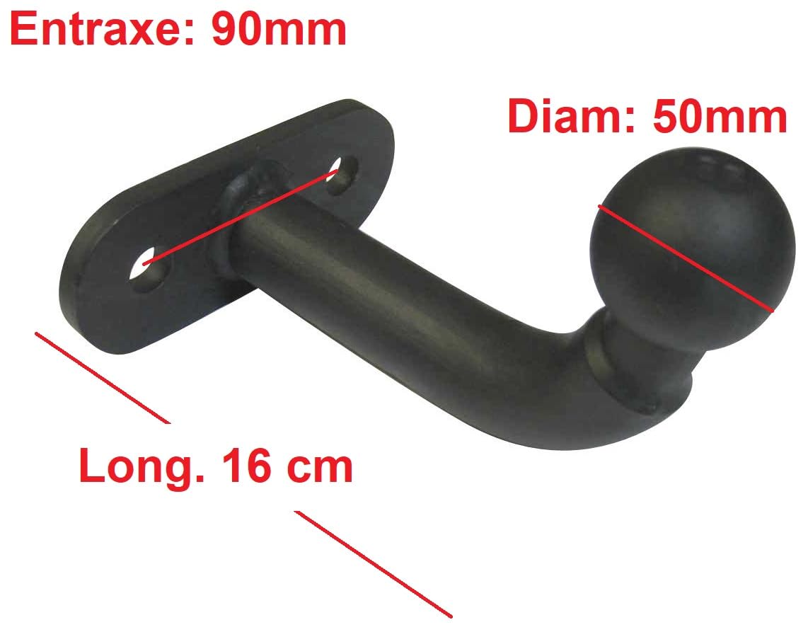 Rotule rallongée d'attelage, Crochet Boule remorque 2 Trous entraxe de Fixation 90mm, Livrée avec visserie, Capacité 2000 kg. Vendeur en France