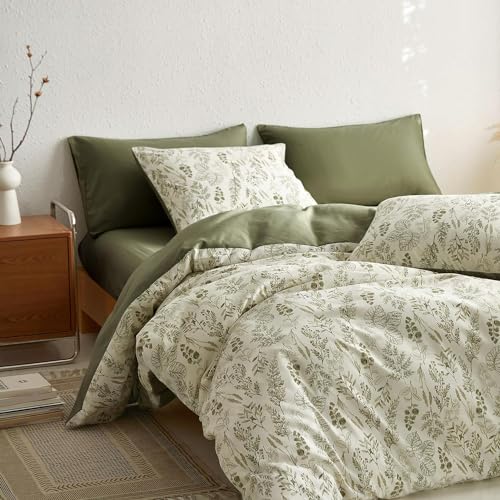 Image of Floral Duvet Cover Queen Size Reversible Olive Green Botanical Flower Bedding Set 3 Pieces Vintage Aesthetic Soft Lightweight Comforter Cover Set for Women Girls with 2 Pillowcases