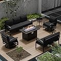 RTDTD Aluminum Patio Furniture Set with Fire Pit Table, 7 Seats Outdoor Patio Conversation Sets with Swivel Chair Modern Metal Patio Sectional Sofa with Upgrade Cushions for Patio, Backyard Dark Grey