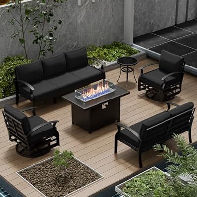 RTDTD Aluminum Patio Furniture Set with Fire Pit Table, 7 Seats Outdoor Patio Conversation Sets with Swivel Chair Modern Metal Patio Sectional Sofa with Upgrade Cushions for Patio, Backyard Dark Grey