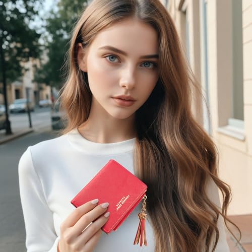 Image of KOTORA Womens Small Wallet Girls Tiny Slim Wallets Pretty Mini Card Holder Thin Short Zip Coin Purse with Love Pendant and Tassels (Cyclamen)