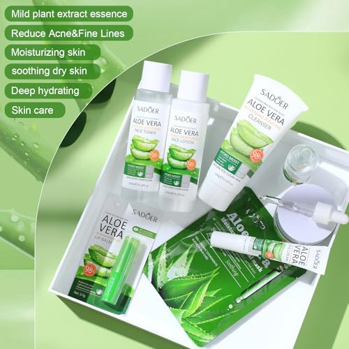 10-Pcs-Skin-Care-Sets-Face-Care-Set-for-Women-Includes-1-Pcs-Cleanser-Toner-Lotion-Eye-Cream-Serum-Face-Cream-Lip-Balm-and-3-Facial-Masks-Skincare-Gift-for-Girls-Aloe-Vera