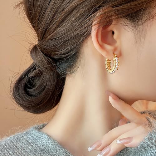Pearl Hoop Earrings for Women, 18K Gold Plated Small Gold Hoop Earrings, Trendy Hypoallergenic Pearl Huggie Hoops Stud 5