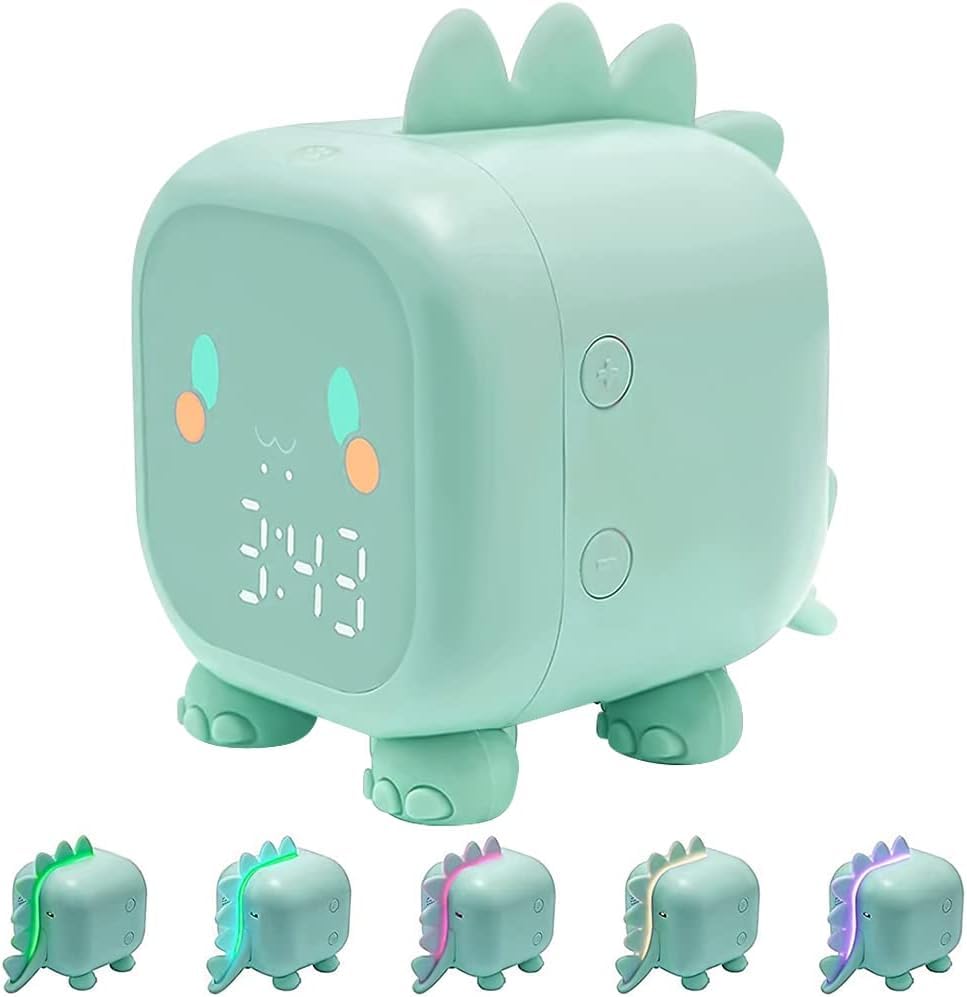 BNGXR Réveil Lumineux Dinosaure, réveil numérique veilleuse, minuterie, Fonction Snooze, Horloge Rechargeable Fille garçon (Vert)