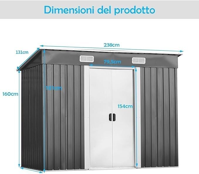 Diagram showing the dimensions of the GYMAX Garden Shed