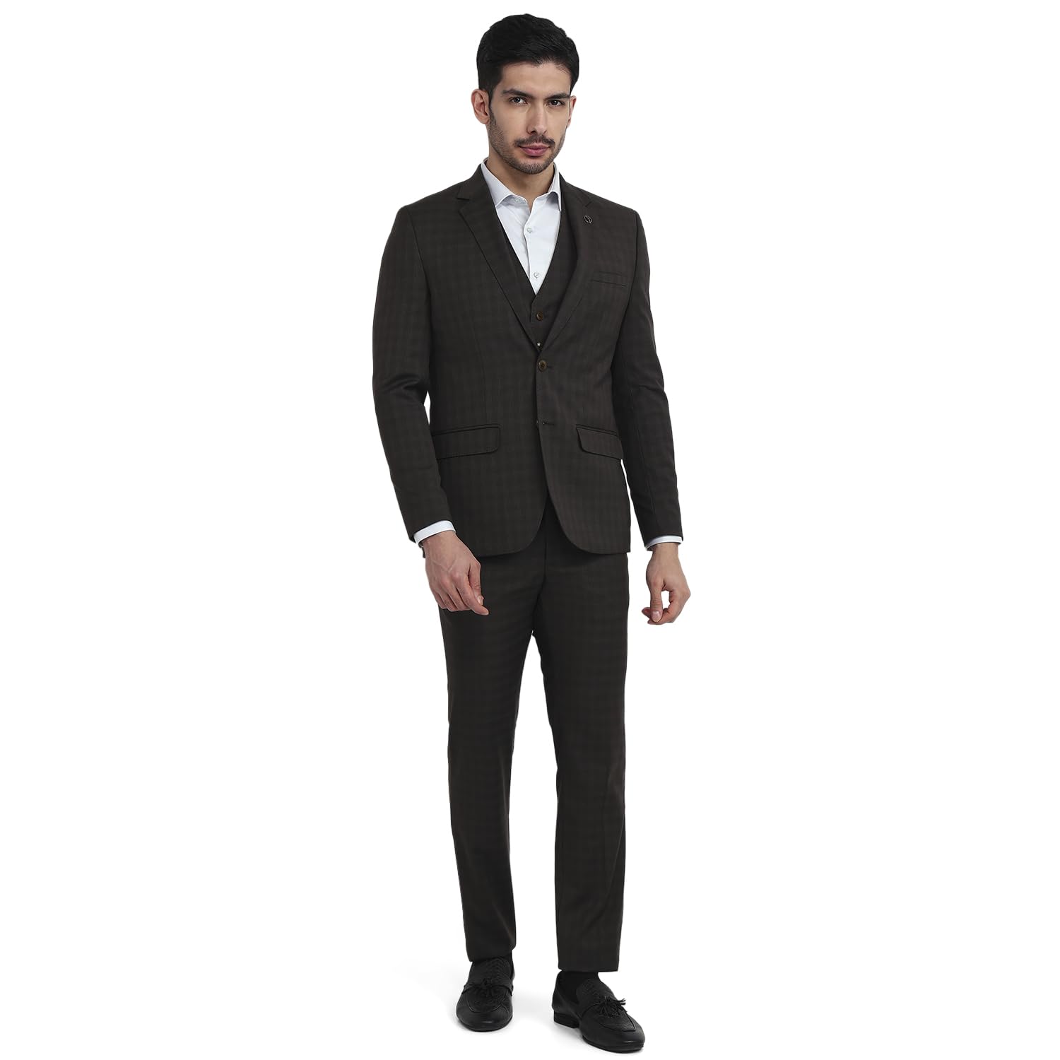 park avenue Men Slim Fit Solid Pattern Poly Wool Lycra Blend Notch Lapel Full Sleeve Formal Suit Brown-picture-24