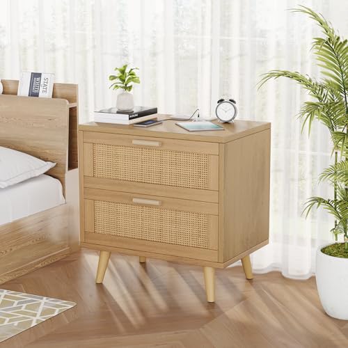 Rovaurx Rattan Nightstand with 2 Drawers, Bedside Table Small Night Stand with Charging Station, End Table for Bedroom, Boho Side Table with Solid Wood Legs for Bedroom, Modern Natural RCTG111ME Rovaurx Rattan Nightstand with 2 Drawers, Bedside Table Small Night Stand with Charging Station, End Table for Bedroom, Boho Side Table with Solid Wood Legs for Bedroom, Modern Natural RCTG111ME