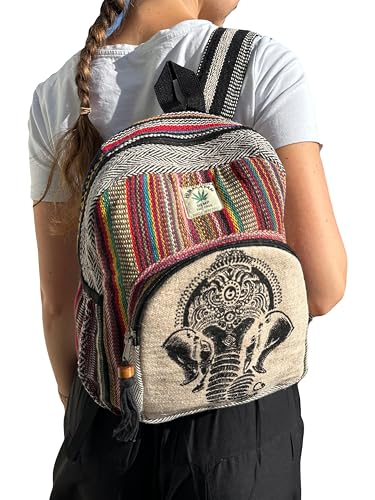 Mochila Cañamo Para Viaje Estilo Hippie Tamaño Grande Ideal Perfecto Para Verano Dia a Dia Festivales Casual Vintage Hombre Mujer Tela Impermeable Hecho a mano Nepal Multicolor Elefante Espiritual