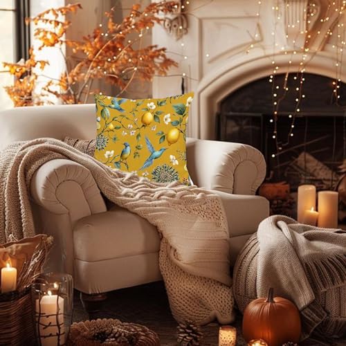 XUNLURY Rustic Yellow Lemon Bird Floral Pillow Covers 18x18, Vintage Lemon Cottagecore Nature Bird Flower Botanical Decorative Throw Pillow Covers for Home Bedroom Living Room — view 5