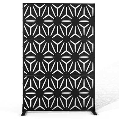 Metal Privacy Screen Outdoor Privacy Screen 72"H×47"W, Freestanding Decorative Privacy Screen for Balcony Patio Lawn Garden, Privacy Fence Privacy Panel-Black&Star