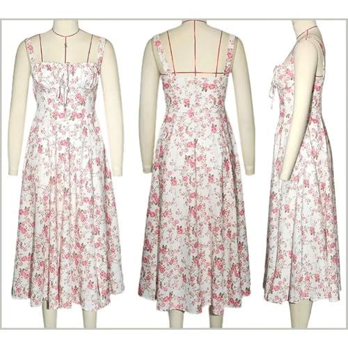 Image of Floral Corset Midi Dress Square Neck A Line Dress with Slit | Square neck floral midi dress with front tie bust wide straps A-line skirt side slit and lightweight fabric