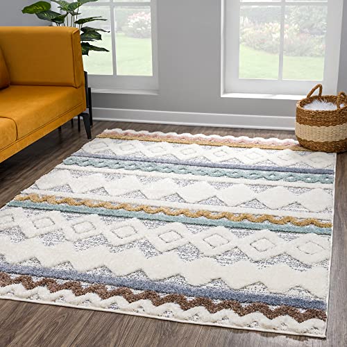 payé Teppich Wohnzimmer - 160x230cm - Hochflor Flauschig Weich - Pastellfarben Multi - Boho Design...