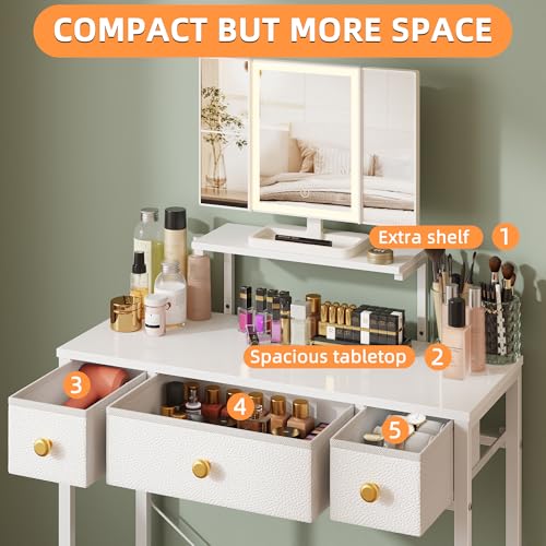 Image of HIGDBFE Small Makeup Vanity Desk 27.5''W with Mirror and Lights, Vanity Desk with 3 Fabric Drawers and Height-Adjustable Stand, Vanity Table for Girls Gifts, Bedroom and Small Spaces, White