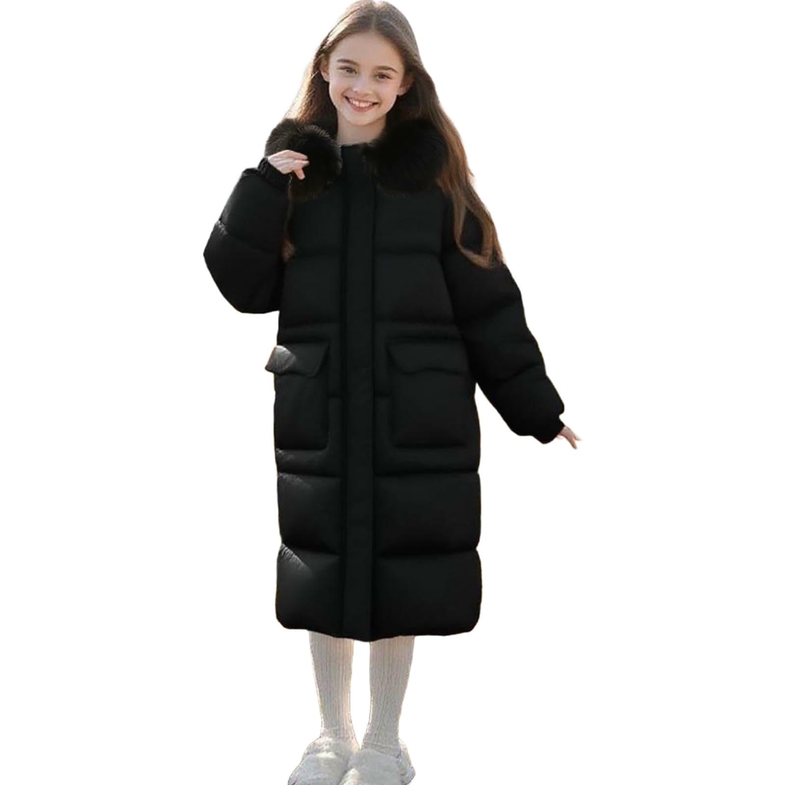 Chaquetas de plumón para niñas adolescentes con ribete de piel sintética con capucha, chaqueta acolchada gruesa, abrigo básico de color sólido, abrigo largo cómodo y cálido, abrigos térmicos