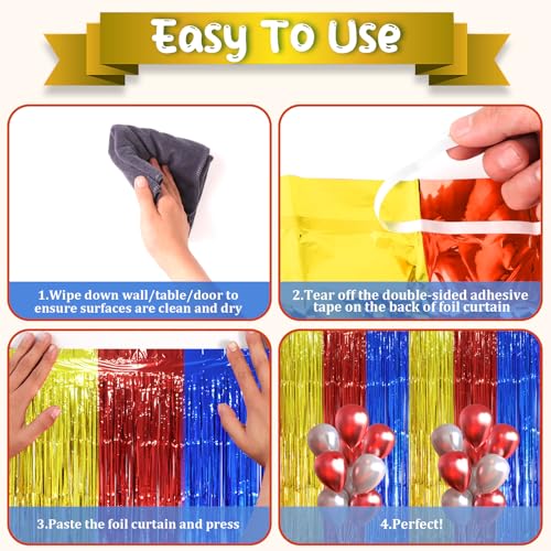 Image of Voircoloria 2 Pack Blue Red Gold Foil Fringe Backdrop Curtains, Tinsel Streamers Party Decorations, Fringe Backdrop, Door Shimmer for Birthday Party