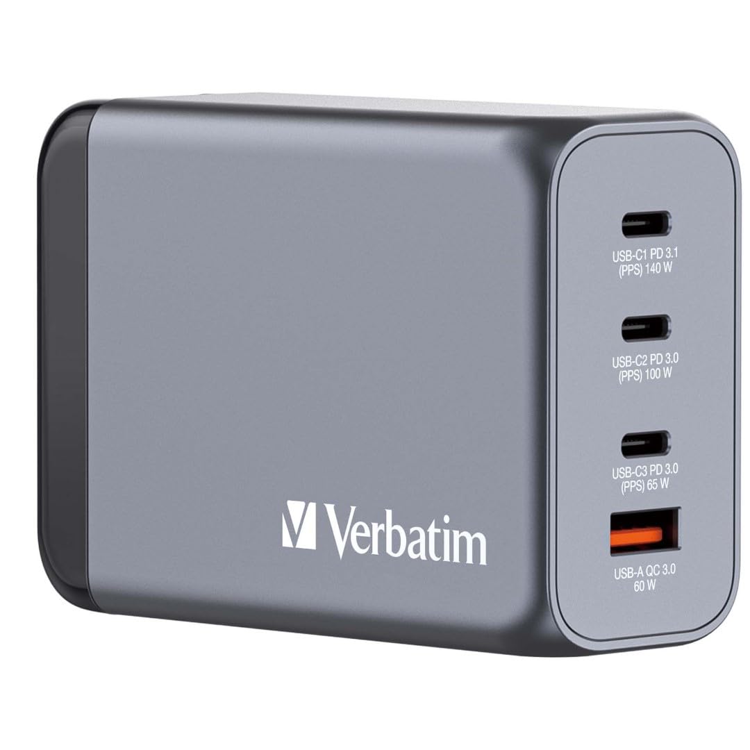Alimentatore Verbatim - Gan - 240 Watt - 5 A - Power Delivery 3.1, Qc 3.0, Pd 3.0, Pd/pps - 4 Porte Di Uscita (3 X UsB-C, Usb Type a)