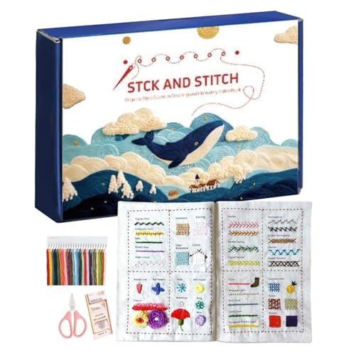 Huasean Libro dei Punti di Ricamo | Kit Completo con Tutorial e Attrezzi per Ricamo su Lino,Manuale di Pratica per - Per Hobby, Artigianato, Viaggio, Casa, Pratica di Abilità e Feste
