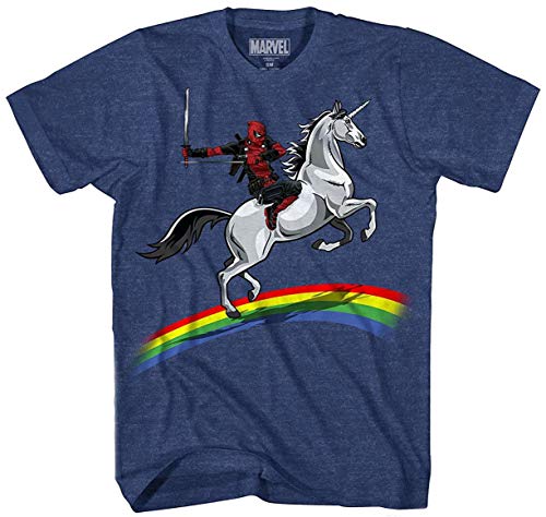 Marvel unisex adult Deadpool Riding a Unicorn on Rainbow T-shirt novelty t shirts Navy Heather XX-Large US