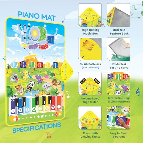 Image of 3-in-1 Piano Mat for Kids, Musical Piano Mat - Drum, Piano & Instrument Sounds with 2 Sticks, Animal Prints, Educational Toy for Toddlers 12M+ Ideal for 1-3 Years - Green
