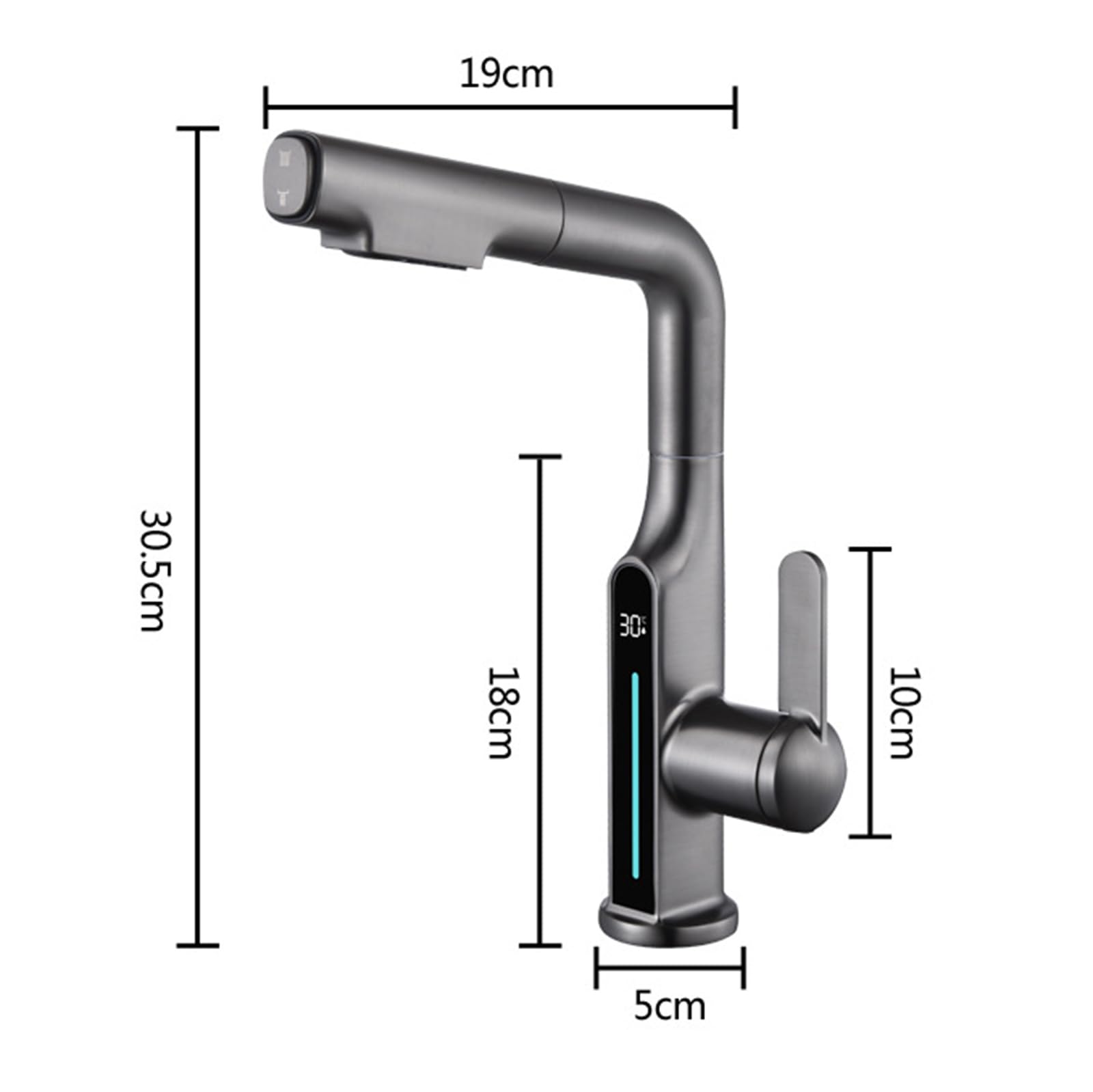 Generico Rubinetto da Bagno Miscelatore Estraibile per Lavabo da Bagno con Getto Cascata Girevole 360° con Display Digitale Acqua Calda E Fredda Colore Grigio Canna di Fucile
