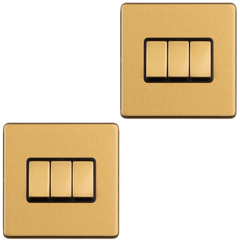 2 Pack 3 Gang Triple Light Switch Screwless Satin Brass 2 Way 10A Slim Rocker 5056581973245