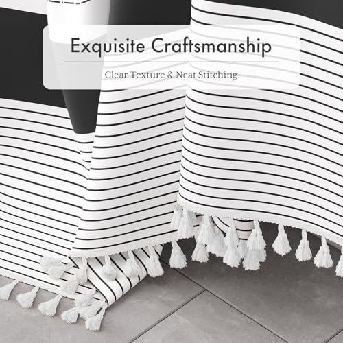 Image of AmazerBath Boho Shower Curtain Set, Rustic Faux Linen Black Striped Shower Curtain with Hooks, Modern Farmhouse Shower Curtain with Tassels, White Base Toned, 72x72 Inches