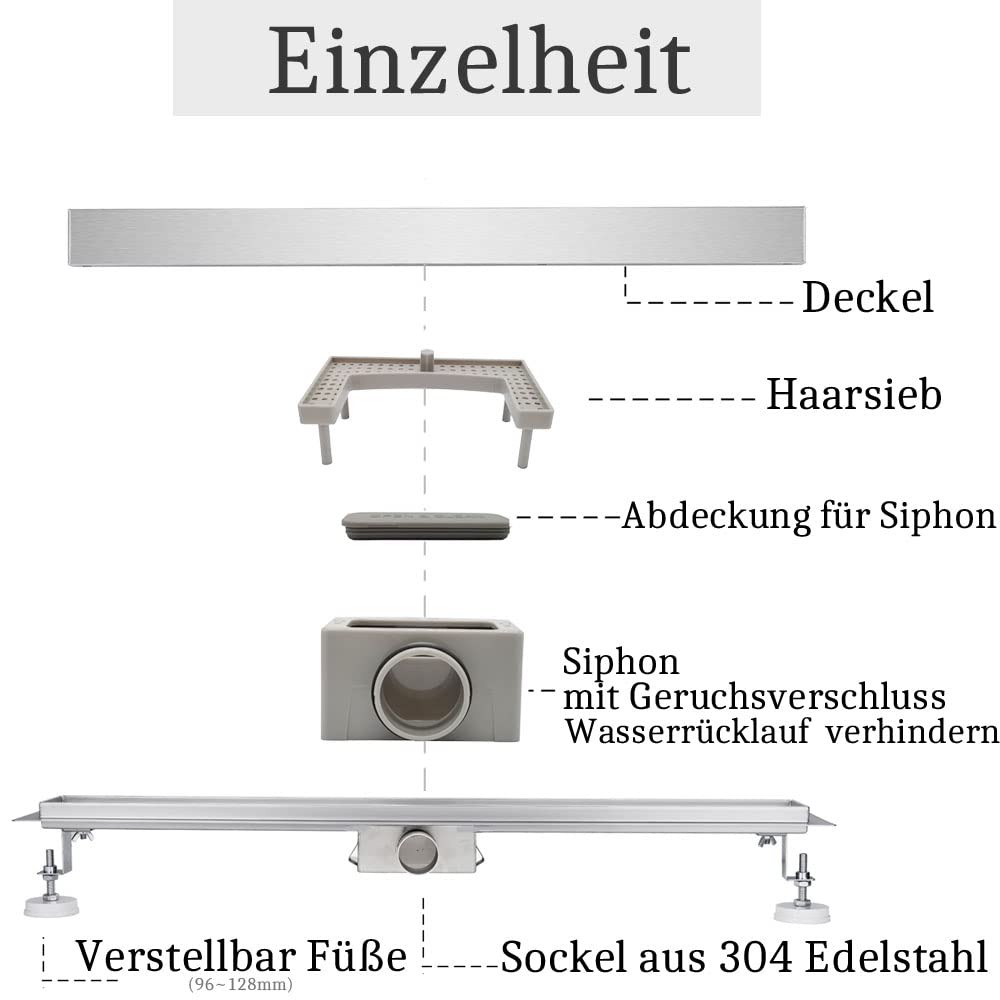 Duschrinne, doppelseitig, Siphon Geruchsverschluss und Haarsieb, personalisierbar, Ablaufrinne aus Edelstahl, sehr flach, Komplettset mit Bodenbefestigung, für Badezimmer 50 cm