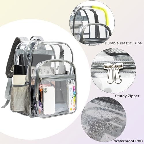 Image of gdbis Clear Backpack Heavy Duty, 17 inch Large PVC Transparent Bag with Reinforced Strap Stitches and Laptop Sleeve See Through Casual Backpack for Work Concert Travel Security - Grey
