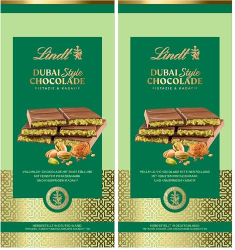 Lindt Tableta de chocolate Dubai Style con chocolate con leche, crema de pistacho y kadayif (Paquete de 2)