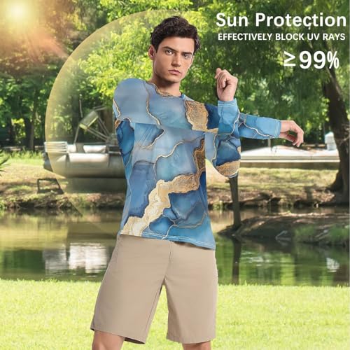 Marble Silver Royal Blue Men's Rash Guard Loose Crew Neck Loose Sun Shirt for Men Long Sleeve Hiking4