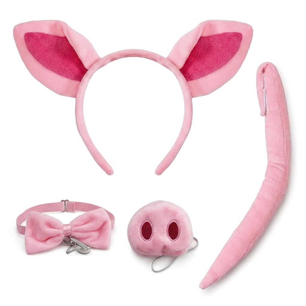 WNXBFO Pig Costume Set with Adjustable Ears Headband, Realistic Pig Nose and Tail, Complete Animal Costume Accessories for Themed Parties, Halloween Events and Cosplay Gatherings