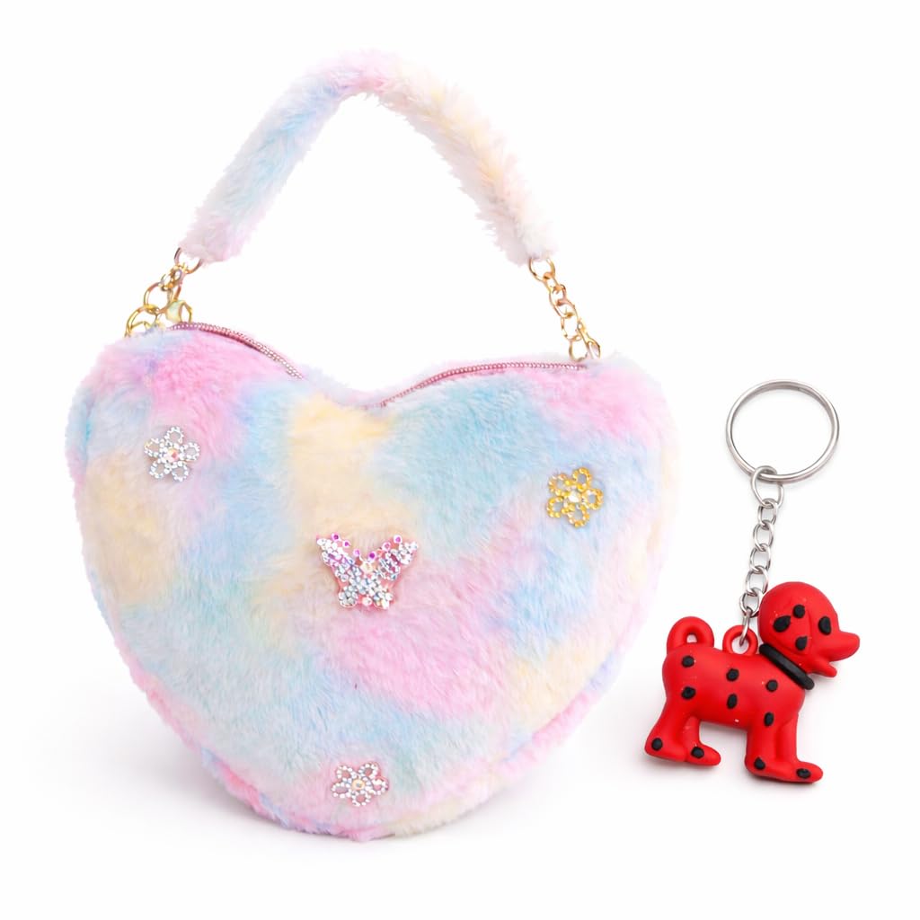Kids Plush Sling Bag, Rainbow Pastel Heart Shaped Purse with Rhinestone Butterfly and Flower Embellishments, Gold Chain Strap, Includes Dog Keychain-image-4
