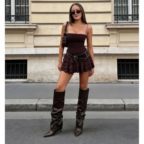 Image of Women's Knee High Boots Fold Over High Heel Pointed Toe Black White Long Boots Women Dress Tall Boots for Women