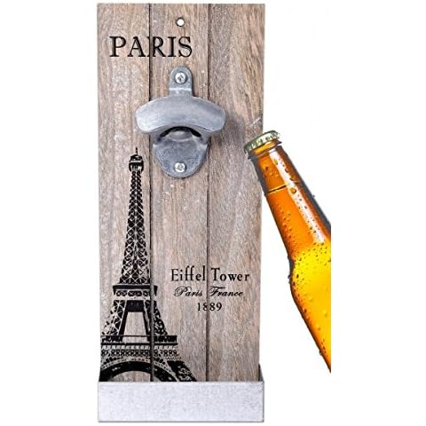 WELLGRO® Nostalgischer Wandflaschenöffner mit Auffangbehälter Paris - Antik Look Cover