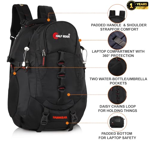 Image of Half Moon 45L Hammer Waterproof 4 Compartment Rucksack /Trekking Bag For Mens | With 17.3 inch Laptop Compartment & Rain Cover | 1 Year Warranty | For Hiking, Travel Backpack For Boys & Girls (Black)
