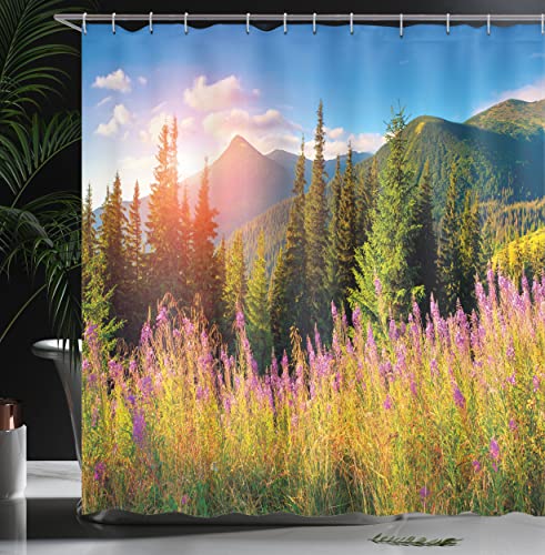 ABAKUHAUS Landscape Shower Curtain, Fall Scenery Picture in Mountains Flowers Alpine Trees Forest at Sunrise - Image 3